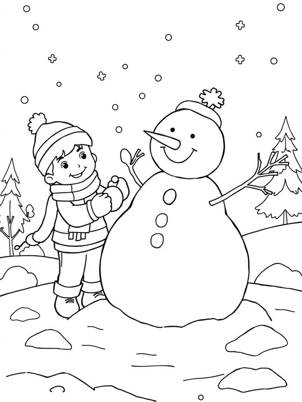 Un bambino fa un pupazzo di neve disegno da colorare