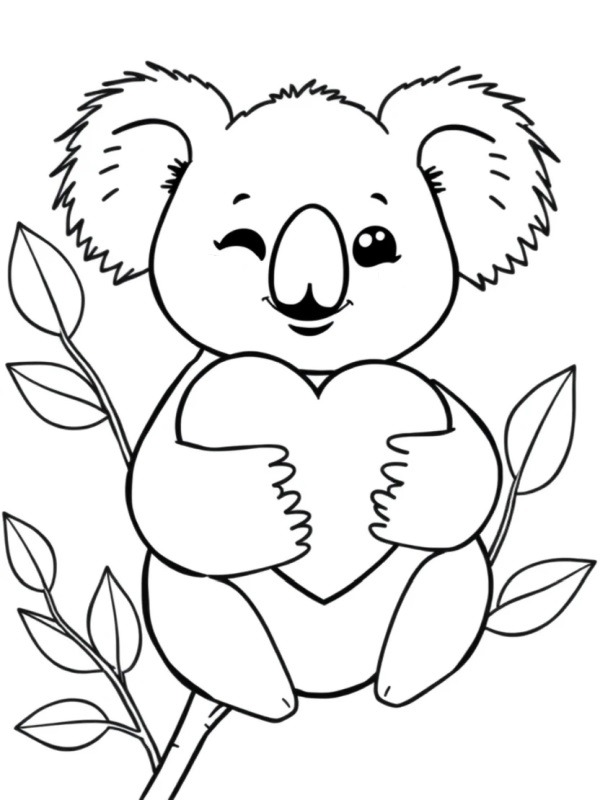 Koala kawaii che stringe il cuore disegno da colorare