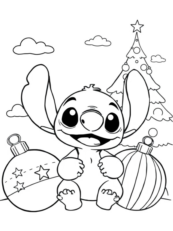 Stitch con le palline di Natale disegno da colorare