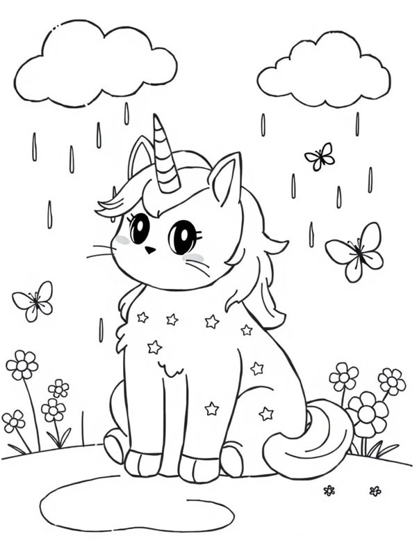 Gatto unicorno sotto la pioggia disegno da colorare