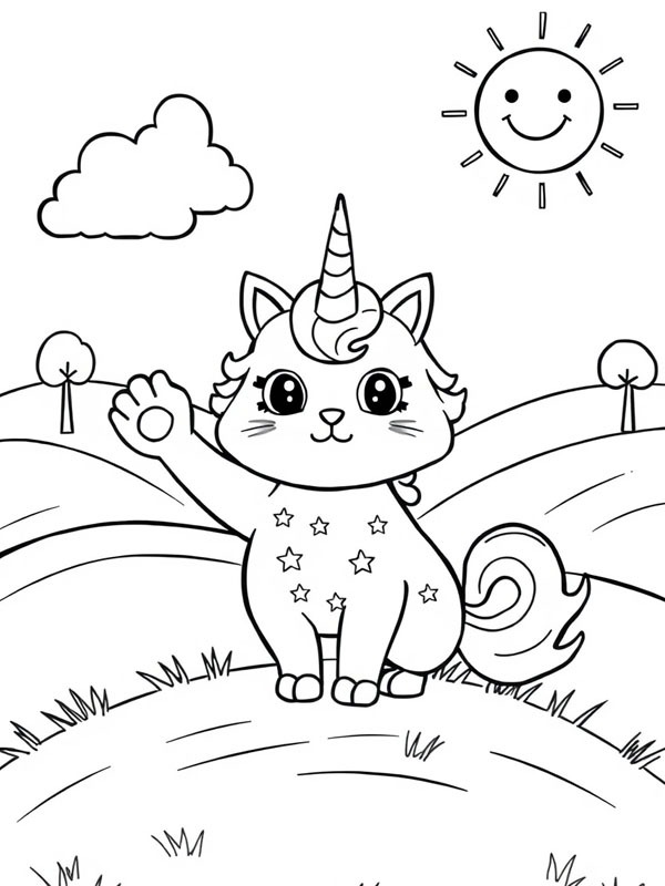 Gatto unicorno che saluta disegno da colorare